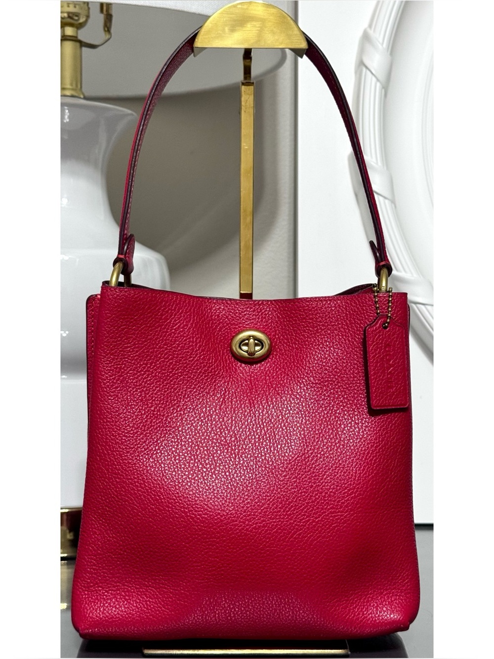 COACH Charlie Turnlock Bucket Bag 21, RED Pebble Leather Crossbody Bag
